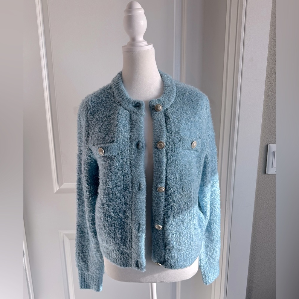 American Eagle Blue Chunky Knit Women’s Cardigan with Silver Buttons Size Medium